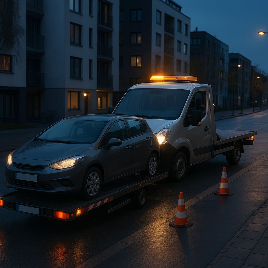 Bergingsbil i Oslo ved skumring